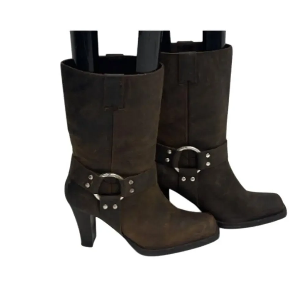 Brown Leather Harness Heeled Western Boots 7.5